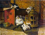 Mother Canvas Paintings - A Mother Cat Watching Her Kittens Playing